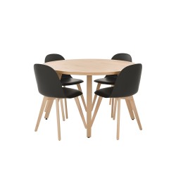 Mesa de comedor redonda Xocos - Natural + 4 Sillas Melinde - Negro