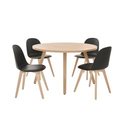Mesa de comedor redonda Xocos - Natural + 4 Sillas Melinde - Negro