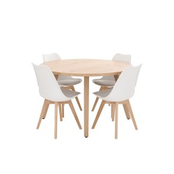 Mesa de comedor redonda Xocos - Natural + 4 Sillas Benitu - Blanco